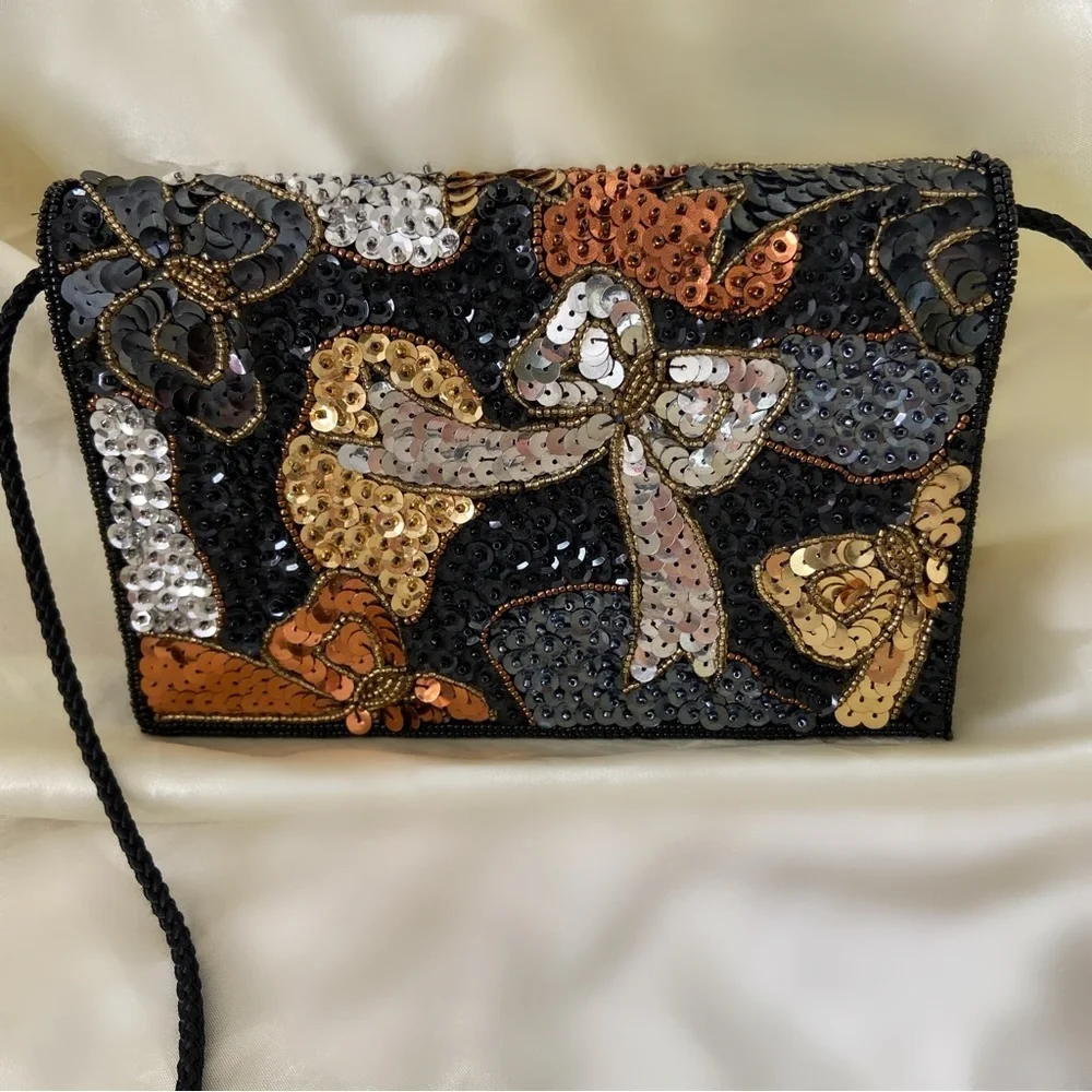 Vintage sequin bow clutch purse bag formal black gold Carla Marchi